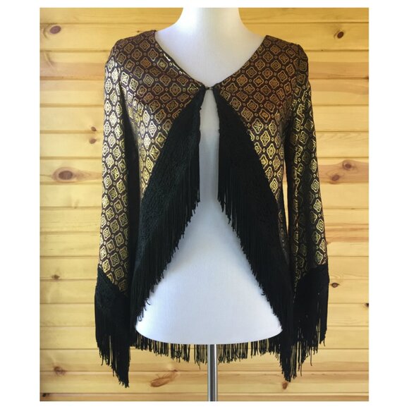 Vintage S. Howard Hirsch Black Gold Brocade Fringe Jacket I XS/S - Picture 1 of 10